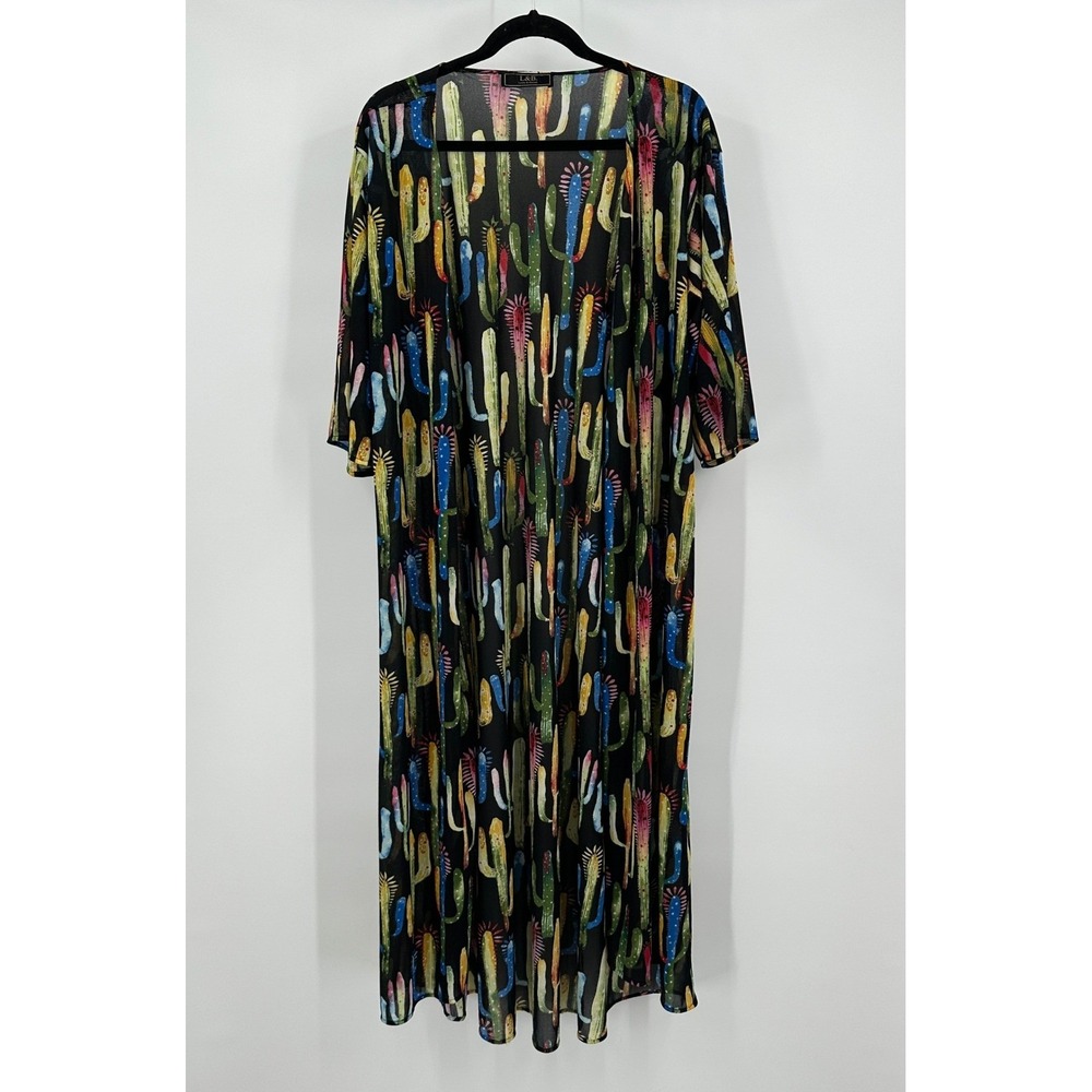Womens Boho Southwestern Long Kimono Size Colorful Cactus Eclectic Sheer Mesh
